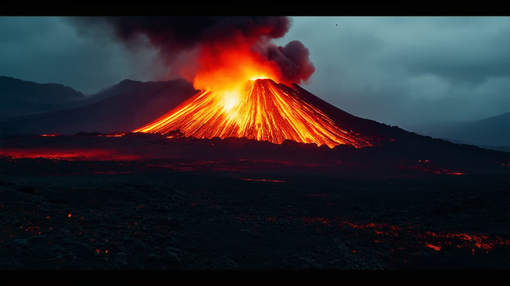  cinematic film style, a large volcano hot lava and gases ar 16:9, shallow depth of field, vignette, maximum details, high budget hollywood movie, bokeh, cinemascope, moody, epic, gorgeous, sun rays and shadows on furniture and surfaces, flattering light, raw photo, photography, photorealistic, 8k resolution, f1.4, sharpened focus, sharp focus