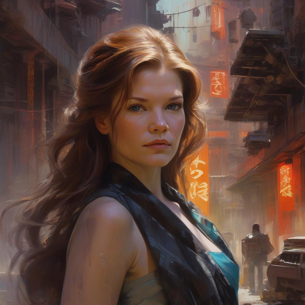  concept art portrait captures young kathryn janeway at 20, long hair flowing, hybrid style merging the meticulous finesse of carne griffith and michael garmash with ivan shishkin's intricate realism, oriental color palette with deep, saturated hues, neon ambient lighting contrasts abstract black oil textures, mecha aesthetic intertwined with detailed acrylic brushwork, grunge elements adding raw atmosphere, . digital artwork, illustrative, painterly, matte painting, highly detailed