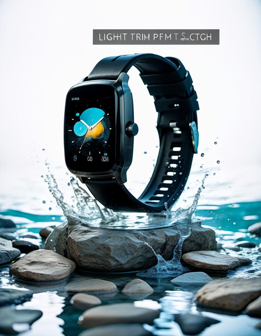  smart watch on stone, around water splash, light background, film photography style