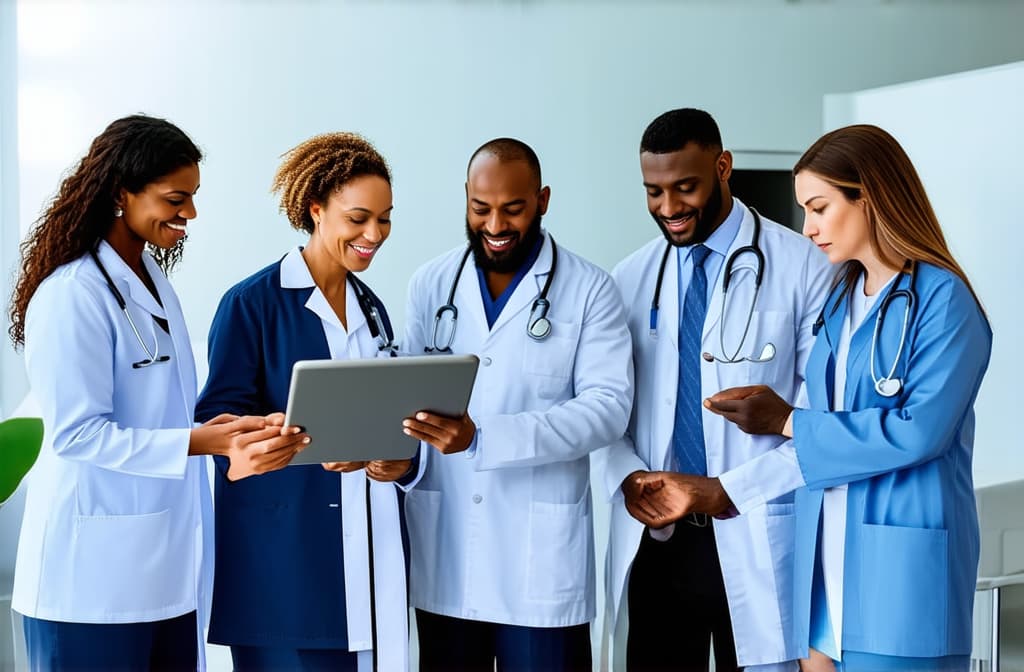  professional detailed photography, multiethnic doctors engaged in collaborative medical consultation, discuss patient disease diagnose or treatment plan, reviewing information, focusing on tablet. teamwork, modern tech in healthcare ar 3:2, (muted colors, dim colors, soothing tones), (vsco:0.3)