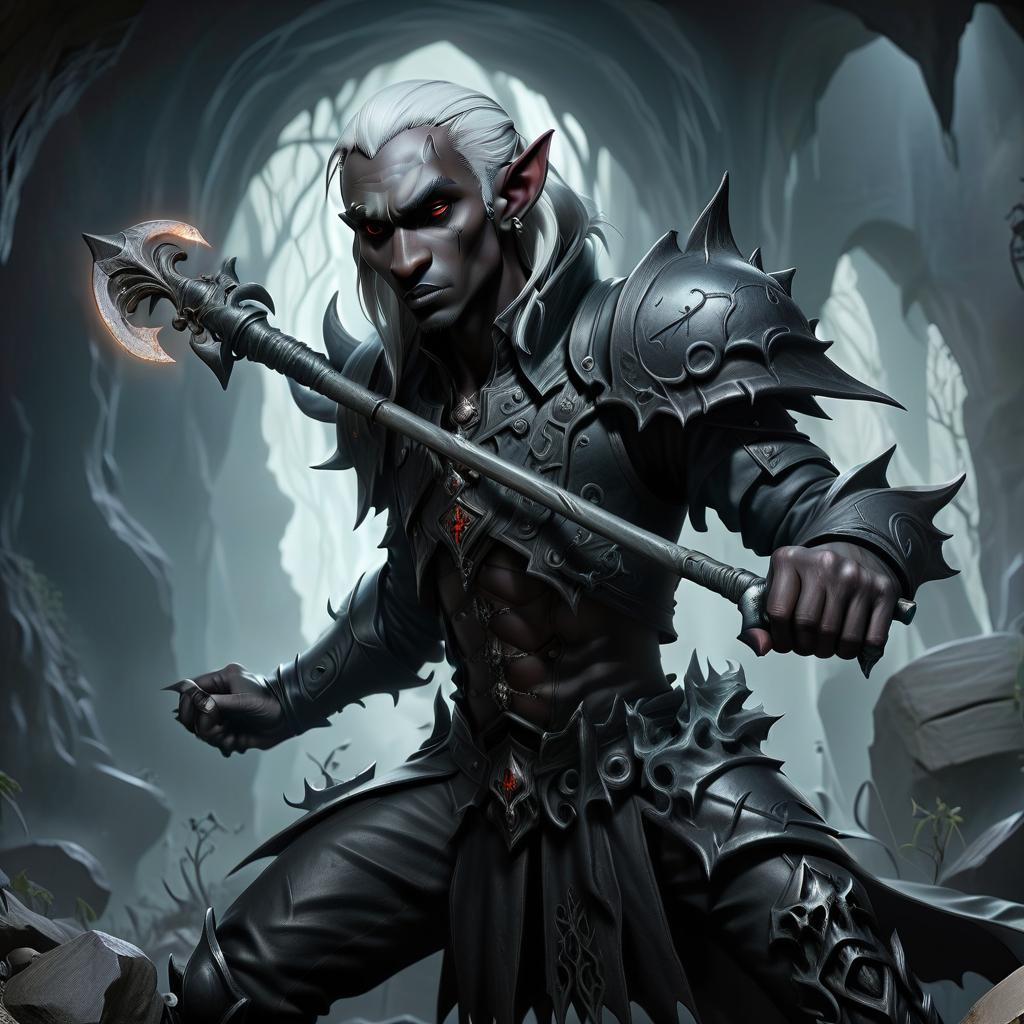  macabre style drow male elf cleric, simble plain black leather jacket, simple iron battle mace, dark cave temple . dark, gothic, grim, haunting, highly detailed, civitai