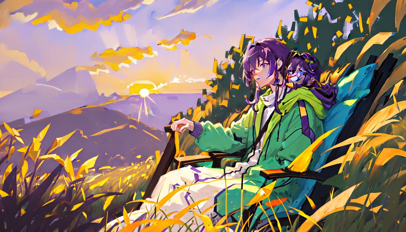  masterpiece, best quality, A lone figure, a male character with purple hair, sits on a lush grassy hilltop, his silhouette outlined against the golden hues of a breathtaking sunset. The wind gently rustles his clothes as he gazes wistfully at the horizon, lost in thought. The scene is serene and tranquil, capturing a moment of quiet contemplation in the beauty of nature. Realized in a soft watercolor painting, blending warm tones to evoke a sense of nostalgia and longing.