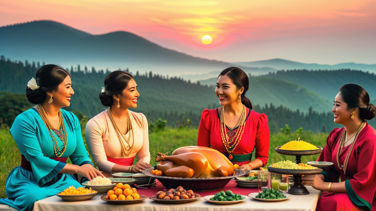  a vibrant scene depicting a family gathering around a traditional feast, showcasing diverse cultural artifacts, ancestral clothing displayed, and scenic heritage landmarks in the background, all under a warm sunset sky. hyperrealistic, full body, detailed clothing, highly detailed, cinematic lighting, stunningly beautiful, intricate, sharp focus, f/1. 8, 85mm, (centered image composition), (professionally color graded), ((bright soft diffused light)), volumetric fog, trending on instagram, trending on tumblr, HDR 4K, 8K