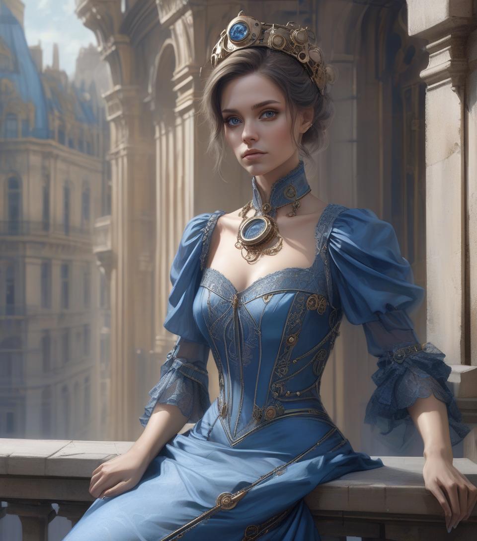  close up, woman, blue dress, perched on ledge, digital painting by david roberts, fantasy art, portrait, steampunk influence, intricate details, high quality digital render.