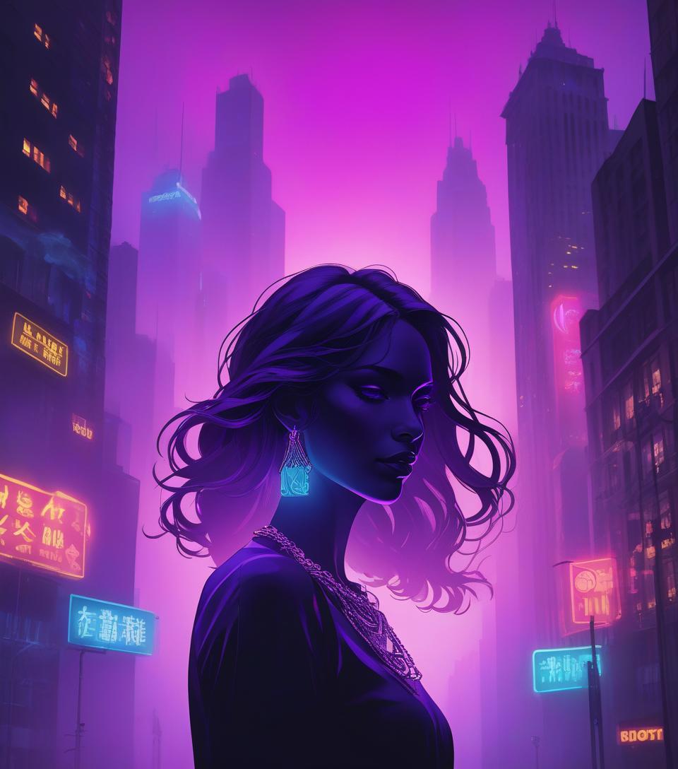  a foggy and vibrant neon colors scene with the silhouette of a woman's face emerging from the background. the woman's face has long, wavy hair and wears a necklace. the background contains a cityscape with tall buildings. the scene has a purple hue.