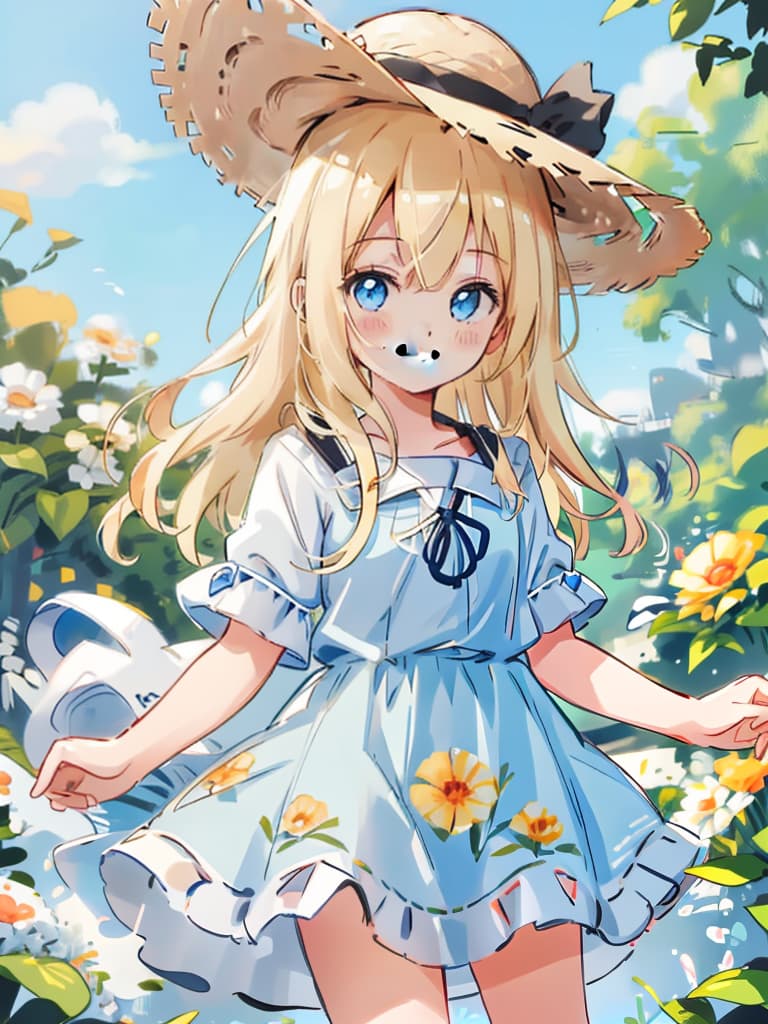  Summer, blonde, blue eyes, hanging, straw hat, smiling, masterpiece, best quality,8k,ultra detailed,high resolution,an extremely delicate and beautiful,hyper detail