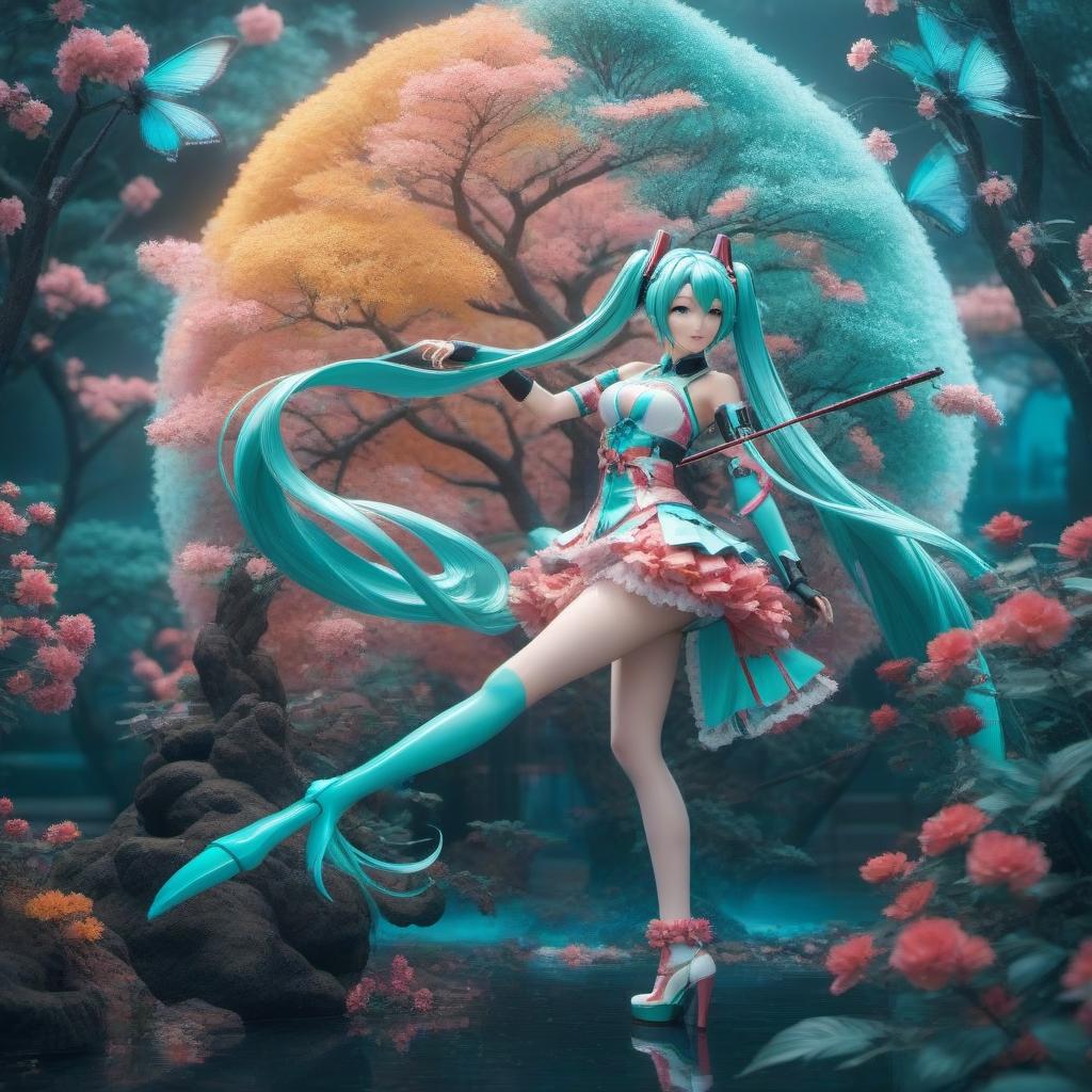  Hatsune Miku hyperrealistic, full body, detailed clothing, highly detailed, cinematic lighting, stunningly beautiful, intricate, sharp focus, f/1. 8, 85mm, (centered image composition), (professionally color graded), ((bright soft diffused light)), volumetric fog, trending on instagram, trending on tumblr, HDR 4K, 8K