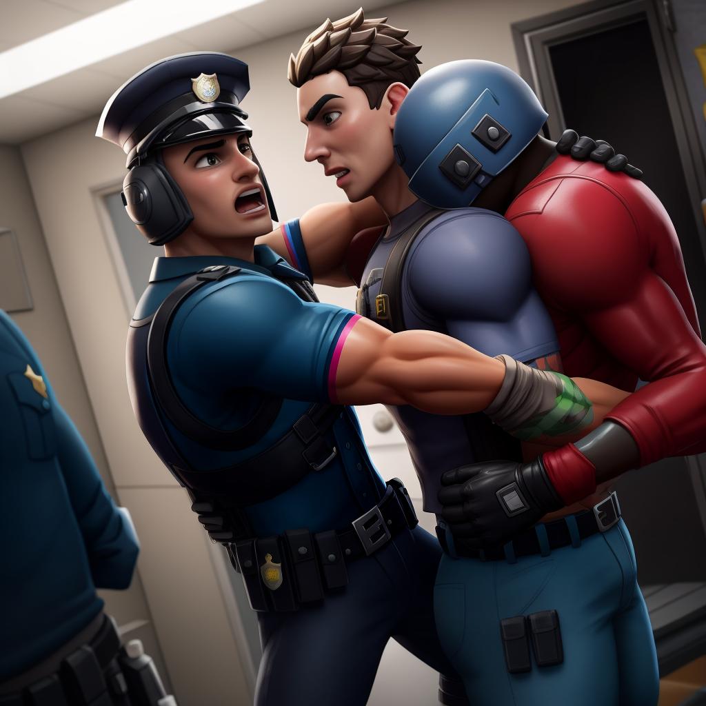  Gay corrupt police officers (Fortnite), full body, gloves, police brutality pain, bullying, criminal surrounded, scared helpless human criminal (wearing normal clothes), brutal attack, criminal is restricted, criminal is punched, criminal has arm around neck, criminal has arms restrained, open eyes, masterpiece, 4k, fine details,