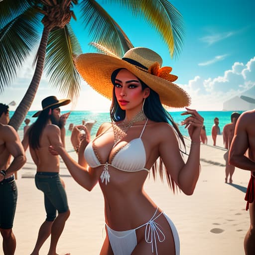  mexican bar on the beach with palms, dancing a crowd of people with cocktails hyperrealistic, full body, detailed clothing, highly detailed, cinematic lighting, stunningly beautiful, intricate, sharp focus, f/1. 8, 85mm, (centered image composition), (professionally color graded), ((bright soft diffused light)), volumetric fog, trending on instagram, trending on tumblr, HDR 4K, 8K