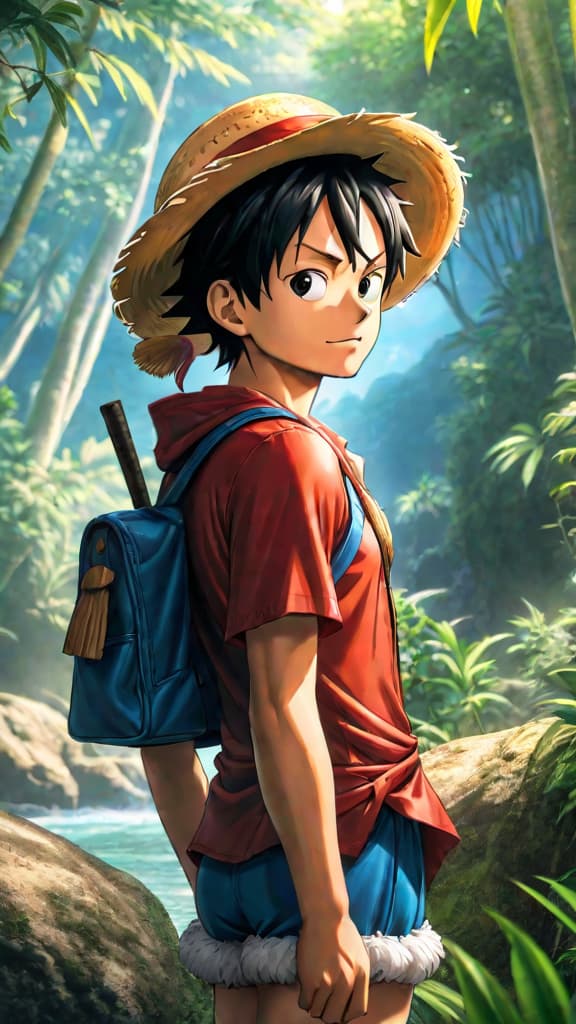  anime art: luffy's gomu gomu no mi with mysterious origins, hinting at hidden powers and secrets. hyperrealistic, full body, detailed clothing, highly detailed, cinematic lighting, stunningly beautiful, intricate, sharp focus, f/1. 8, 85mm, (centered image composition), (professionally color graded), ((bright soft diffused light)), volumetric fog, trending on instagram, trending on tumblr, HDR 4K, 8K