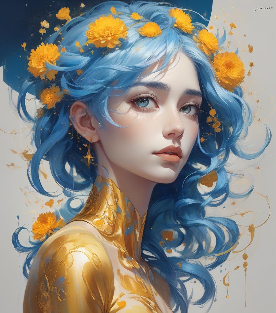  concept art a painting of a woman with blue hair, marigold celestial vibe, :: rossdraws, blue and gold color scheme, within radiate connection, glowing aesthetic, golden taurus, suns, looking to stars, very anime, bright:. hyperrealism mixed with 2d, bold colors, stylized portraits, famous faces, pop art still life, pop art landscapes. delicate face, facial details, confident soft impressionist perfect composition, sharp, perfect eyes. jamuary 21 = drawing + romanticism + abstract art. drawing by michael ayrton, fusion of [romanticism | abstract art by alberto seveso] digitally enhanced cinematic pencil sketch manifesting intense emotion. an image must have a mysterious look and incredible masterpiece quality it must be in high resol