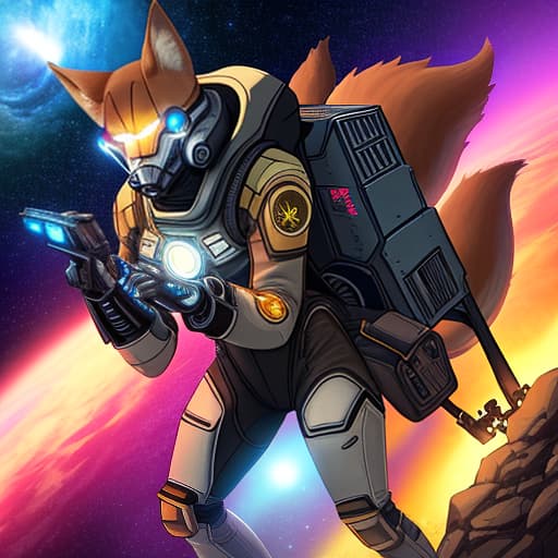  A fox in space, flies, in a space suit., Indie game art, (Vector Art, Borderlands style, Arcane style, Cartoon style), Line art, Disctinct features, Hand drawn, Technical illustration, Graphic design, Vector graphics, High contrast, Precision artwork, Linear compositions, Scalable artwork, Digital art, cinematic sensual, Sharp focus, humorous illustration, big depth of field, Masterpiece, trending on artstation, Vivid colors, trending on ArtStation, trending on CGSociety, Intricate, Low Detail, dramatic hyperrealistic, full body, detailed clothing, highly detailed, cinematic lighting, stunningly beautiful, intricate, sharp focus, f/1. 8, 85mm, (centered image composition), (professionally color graded), ((bright soft diffused light)), volumetric fog, trending on instagram, trending on tumblr, HDR 4K, 8K