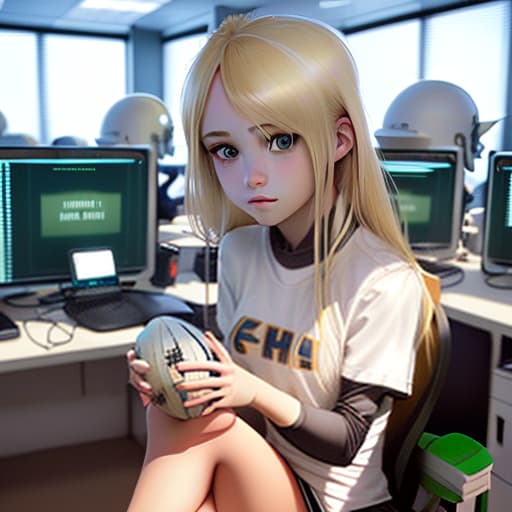  a beautiful girl with blonde hair in a white football with the words "dns", sitting in front of monitors in the office room