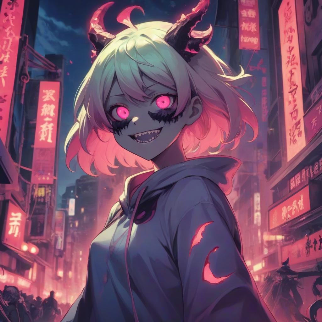  close up of a man with pink eyes, epic light novel cover, fangs and slime, black shadows, bright pink purple lights, ((art of horror)) colossal, bite, ak 1 2, beautiful evil ridicule, evil mad smiling laughter, pseudonym hinchel ili, shot from anime, cui zizhong