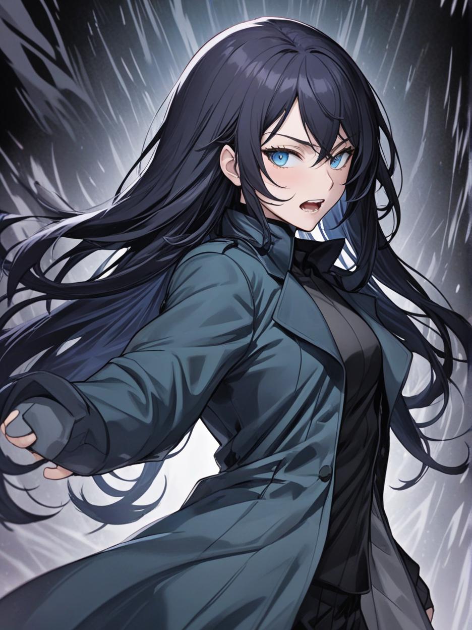  manga artwork a woman with large sharp teeth. sharp teeth. light blue eyes. it has long black hair that flows freely, giving it a mysterious and imposing air. he wears a long black coat with wavy edges, which appear to be in constant motion, adding a sense of dynamism to his appearance. the coat is open at the front, revealing a fitted black outfit underneath, which highlights her slender and athletic figure. the background is a solid black, with an aura like circle framing the character's head, enhancing his silhouette and giving him an almost otherworldly look. hyper realistic atmospheres, detail, 8k. manga artist. manga, highly emotional. best quality, high resolution