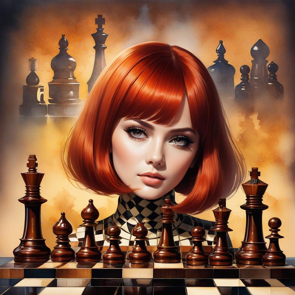  computer graphics, watercolor, fine ink drawing, botanical, digital art, pixel art, beautiful girl, sitting at a chessboard, (glass chess pieces filled with cognac) on a chessboard, bottles of cognac, red hair, short bob haircut, retro style of the 60s, huge expressive eyes, long eyelashes, a strict look, 32k, 5d. , close up, professional photo, photorealism,