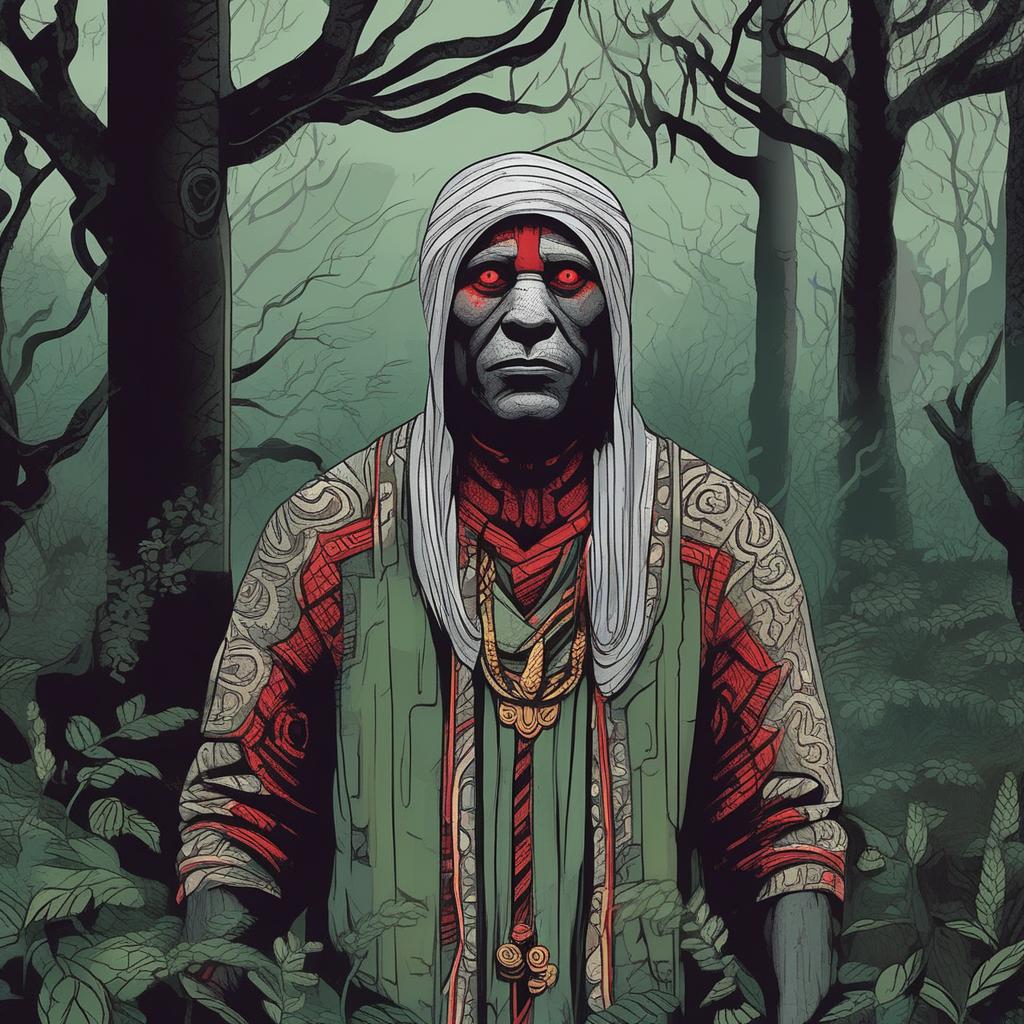  Masterpiece, best quality, a character with animal ears and white hair, eye-catching headdress, red eyes and a mysterious smile. The background is a dark forest clearing with mist hovering around ancient trees. The atmosphere is mysterious and magical, suggesting hidden power. Style is a digital painting with intricate details and fantasy elements. Lights are dim and moonlight shines through the canopy. Implemented using digital painting software, with emphasis on texture and contrast settings.