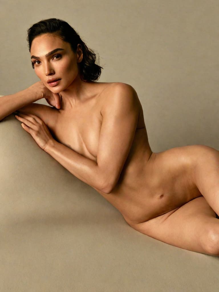  Gal Gadot, wearing no clothes, posing in various sensual positions on a bed or couch.