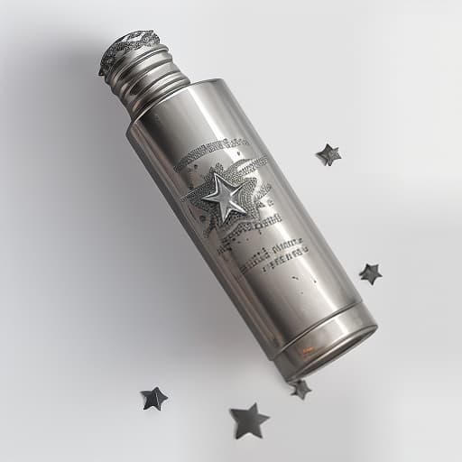  a tube of silver carcass with a star stands vertically on a white background