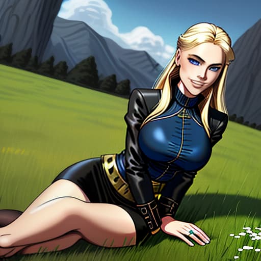  blue eyed god blonde in black adventurer's clothes sits on grass and smiles