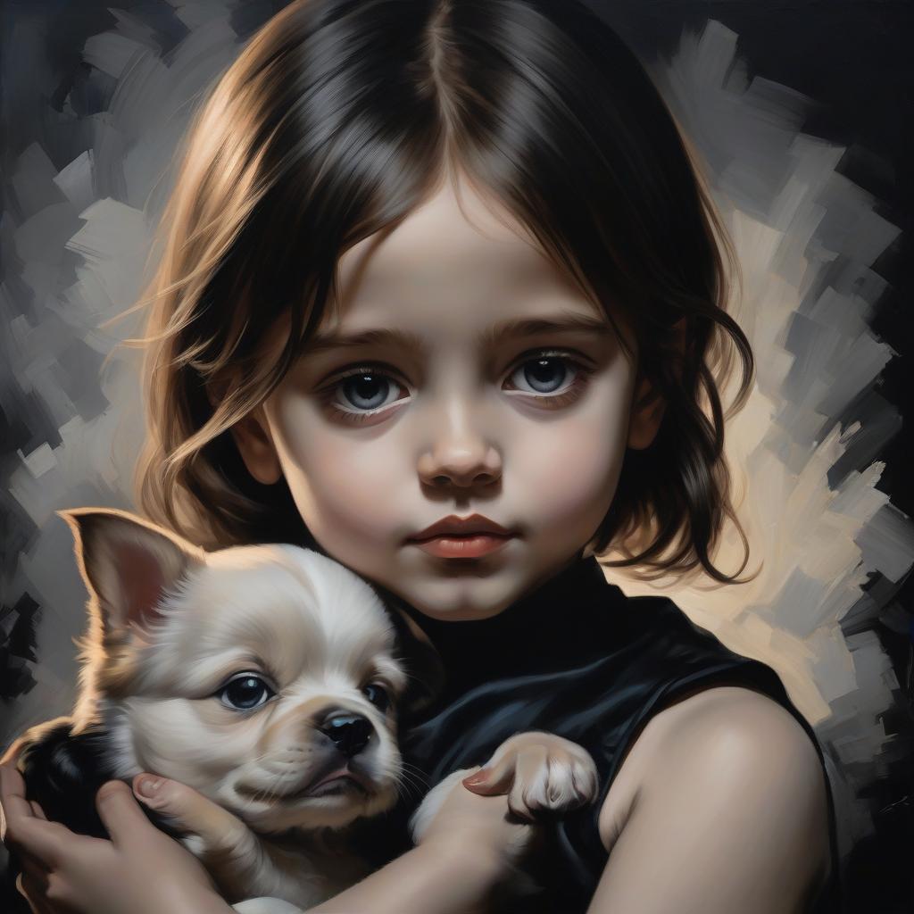  masterpiece. a girl on a black background. a girl with a puppy. graphic painting.