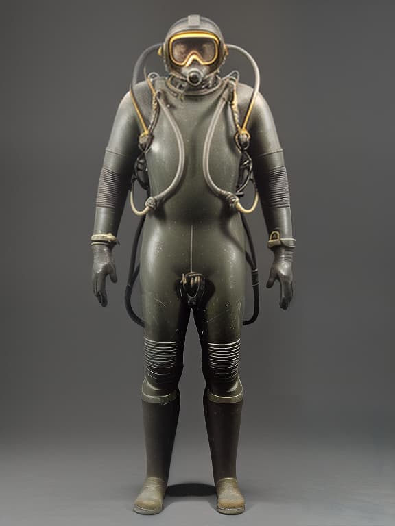  a man in a huge, old underwater diving suit, full length, in a helmet, stands straight, arms shoulder width apart. image diagram.