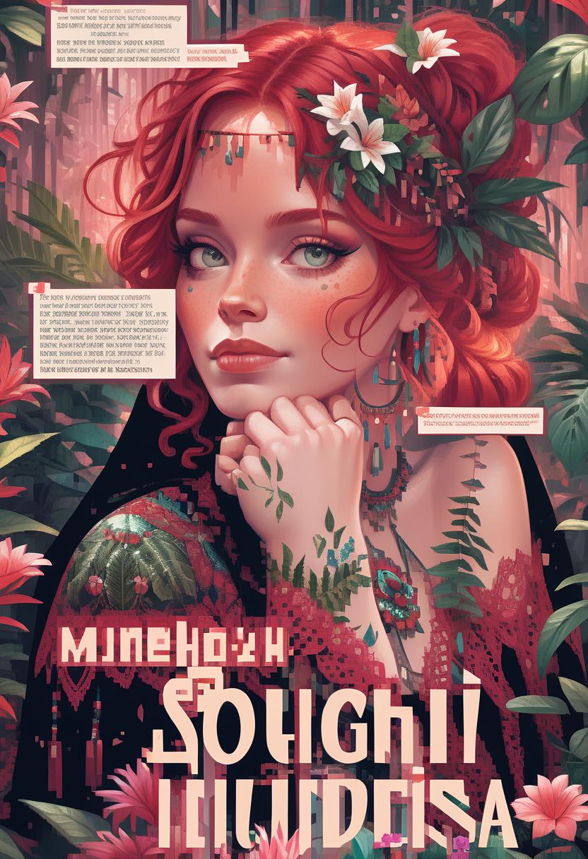  portrait of beautiful red haired bohemian queen wearing red colour lace surrounded by jungle plants and flowers art by mike mayhew and mark brooks and ross tran 8k resolution