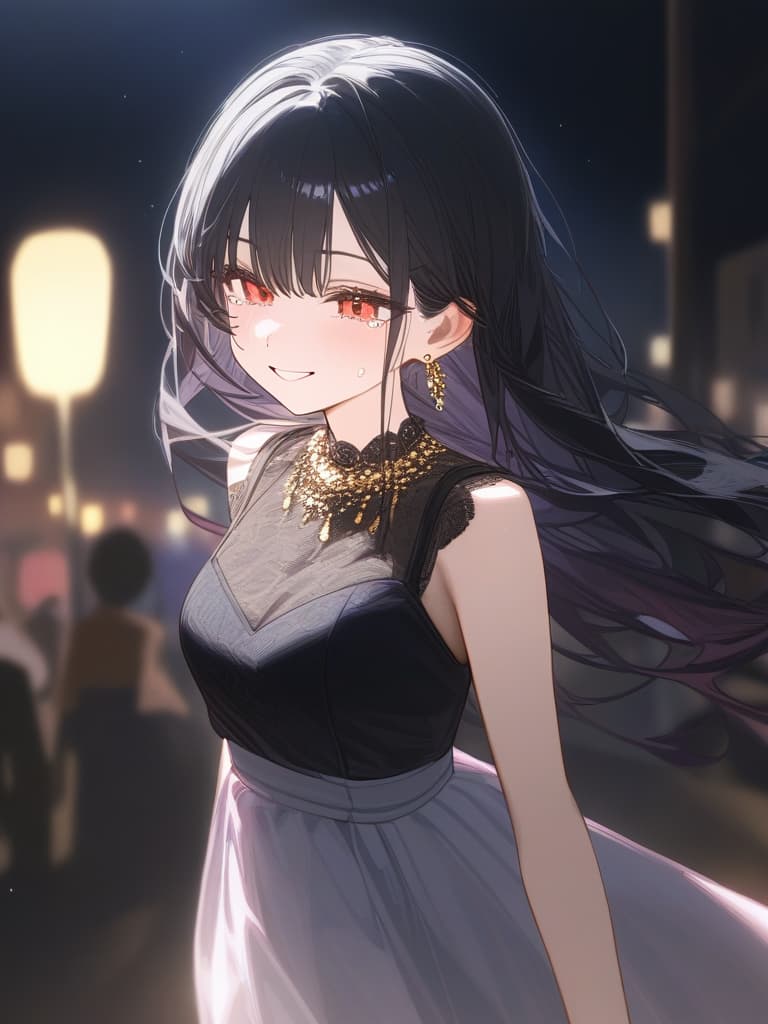  long hair, black hair, hair tips are pink, red eyes, hanging eyes, bangs lengths, smiles, adults, adult faces, piercings, necklaces, black lace clothes, thin makeup, night view, crying smile, hair is pale pink and black, tears, masterpiece, best quality,8k,ultra detailed,high resolution,an extremely delicate and beautiful,hyper detail