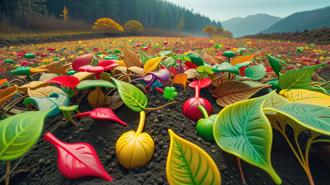  a close up of colorful eco friendly toys made from biodegradable plastics, partially buried in soil, surrounded by decaying leaves, with a backdrop of a polluted landscape, illustrating the challenges of biodegradability. hyperrealistic, full body, detailed clothing, highly detailed, cinematic lighting, stunningly beautiful, intricate, sharp focus, f/1. 8, 85mm, (centered image composition), (professionally color graded), ((bright soft diffused light)), volumetric fog, trending on instagram, trending on tumblr, HDR 4K, 8K