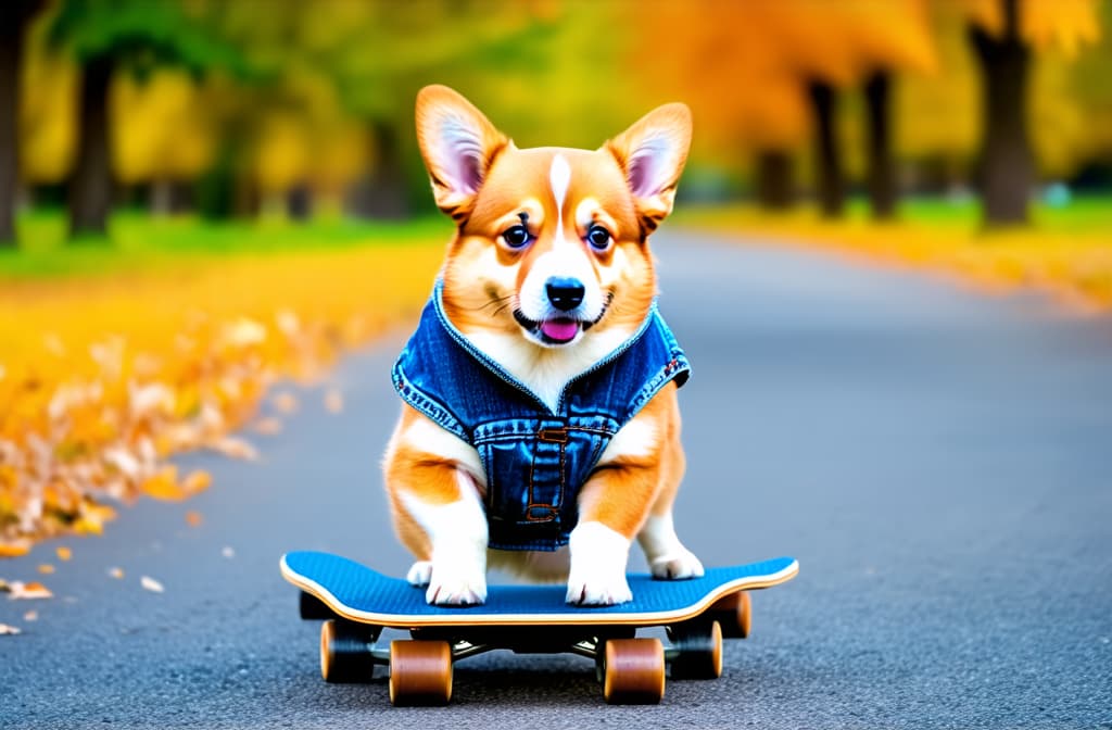  advertising style, stock photo, corporate branding style a corgi puppy stands on four legs on a skateboard on an asphalt path in an autumn park in a denim sleeveless jacket . professional, clean, modern, product focused, commercial, eye catching, minimalist, business oriented, highly detailed