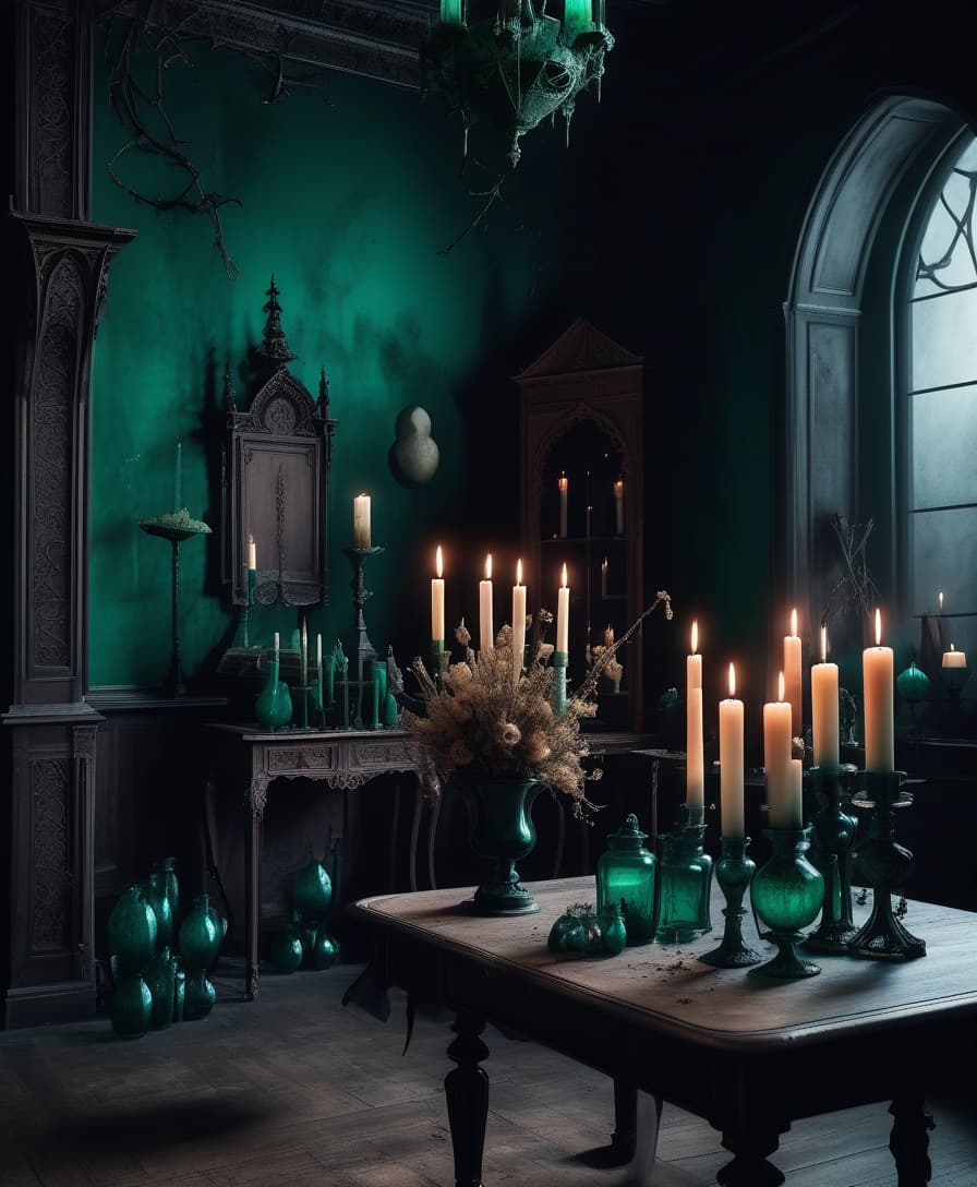  gothic style the dark room. wooden furniture in classic style. dried flowers in emerald vases. burned candles. web and dust. no lighting. the moon outside . dark, mysterious, haunting, dramatic, ornate, detailed