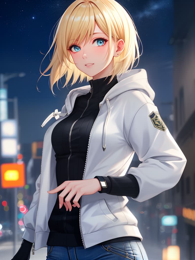  short bob, cool system, boyish, blonde, singing, casual, sporty outdoor, hoodie, upper body only, skinny pants, sings, steet, active, active, female, under the starry sky, blue, purple, small., masterpiece, best quality,8k,ultra detailed,high resolution,an extremely delicate and beautiful,hyper detail hyperrealistic, full body, detailed clothing, highly detailed, cinematic lighting, stunningly beautiful, intricate, sharp focus, f/1. 8, 85mm, (centered image composition), (professionally color graded), ((bright soft diffused light)), volumetric fog, trending on instagram, trending on tumblr, HDR 4K, 8K