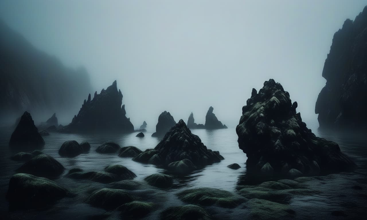  horror themed black mossy rocks. the rocks stand in the middle of the black sea. fog . eerie, unsettling, dark, spooky, suspenseful, grim, highly detailed