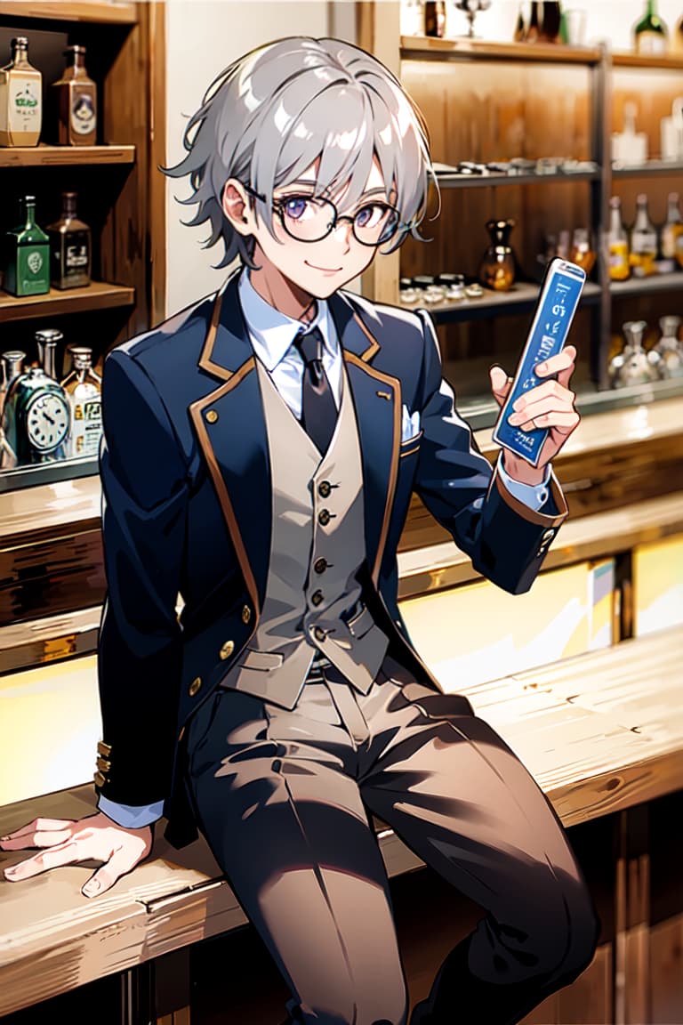  master piece , best quality,solo, male, jacket, odd eyes, silver hair, sitting at counter, bar background, smiling, glasses on