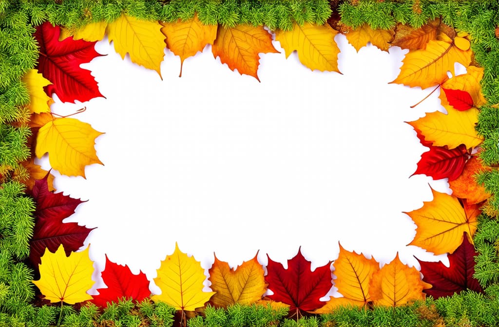  professional detailed photography, this autumn leaves cutout includes yellow, red, and orange foliage on a natural background. a border frame with colorful leaves frames the image. vibrant fall colors ar 3:2, (muted colors, dim colors, soothing tones), (vsco:0.3)