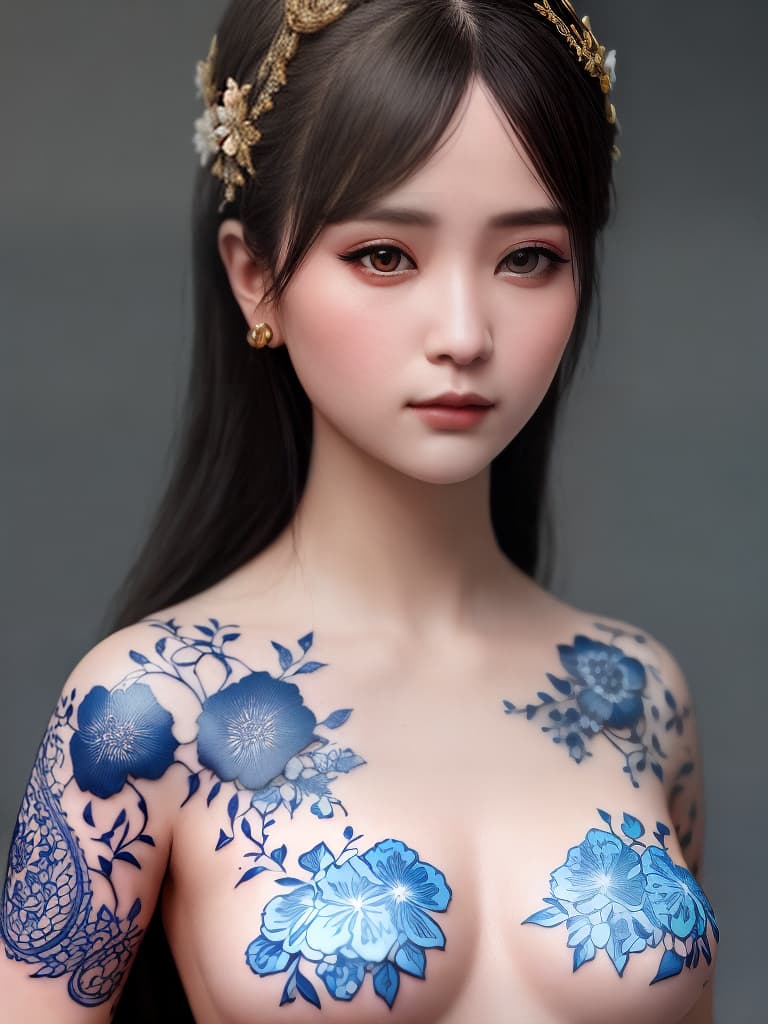  Close-up porcelain female figurine, looking to the camera, glossy surface, glaze, shiny, blue floral tattoos on her, dark gradient background, baroque dark style, hyperrealistic, CG society, intricate details