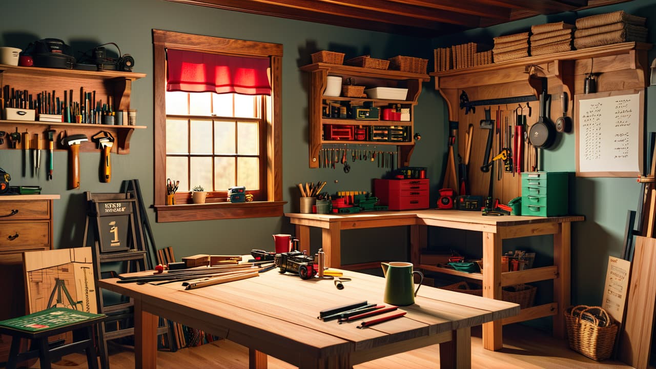  a cozy workshop scene featuring a wooden workbench, neatly arranged tools, a stack of lumber, safety goggles, a measuring tape, and a sketch of a woodworking project pinned to the wall. hyperrealistic, full body, detailed clothing, highly detailed, cinematic lighting, stunningly beautiful, intricate, sharp focus, f/1. 8, 85mm, (centered image composition), (professionally color graded), ((bright soft diffused light)), volumetric fog, trending on instagram, trending on tumblr, HDR 4K, 8K