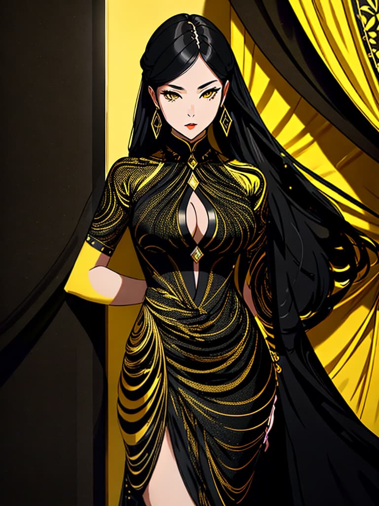  Golden yellow and sleek black color palette, captivating and inviting expression, exuding elegance and charm, magnetic beauty, intricate details, high contrast, luxurious feel, digital art, female, glossy finish, striking composition, dynamic lighting to enhance features.