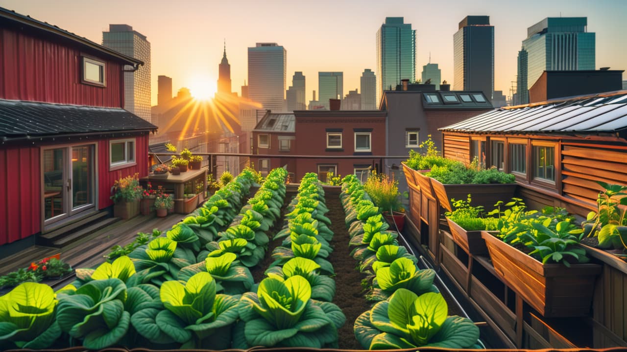  a vibrant urban garden on a rooftop, filled with diverse vegetables and herbs, a cozy chicken coop, solar panels, and a rainwater collection system, all surrounded by a bustling city skyline in the background. hyperrealistic, full body, detailed clothing, highly detailed, cinematic lighting, stunningly beautiful, intricate, sharp focus, f/1. 8, 85mm, (centered image composition), (professionally color graded), ((bright soft diffused light)), volumetric fog, trending on instagram, trending on tumblr, HDR 4K, 8K