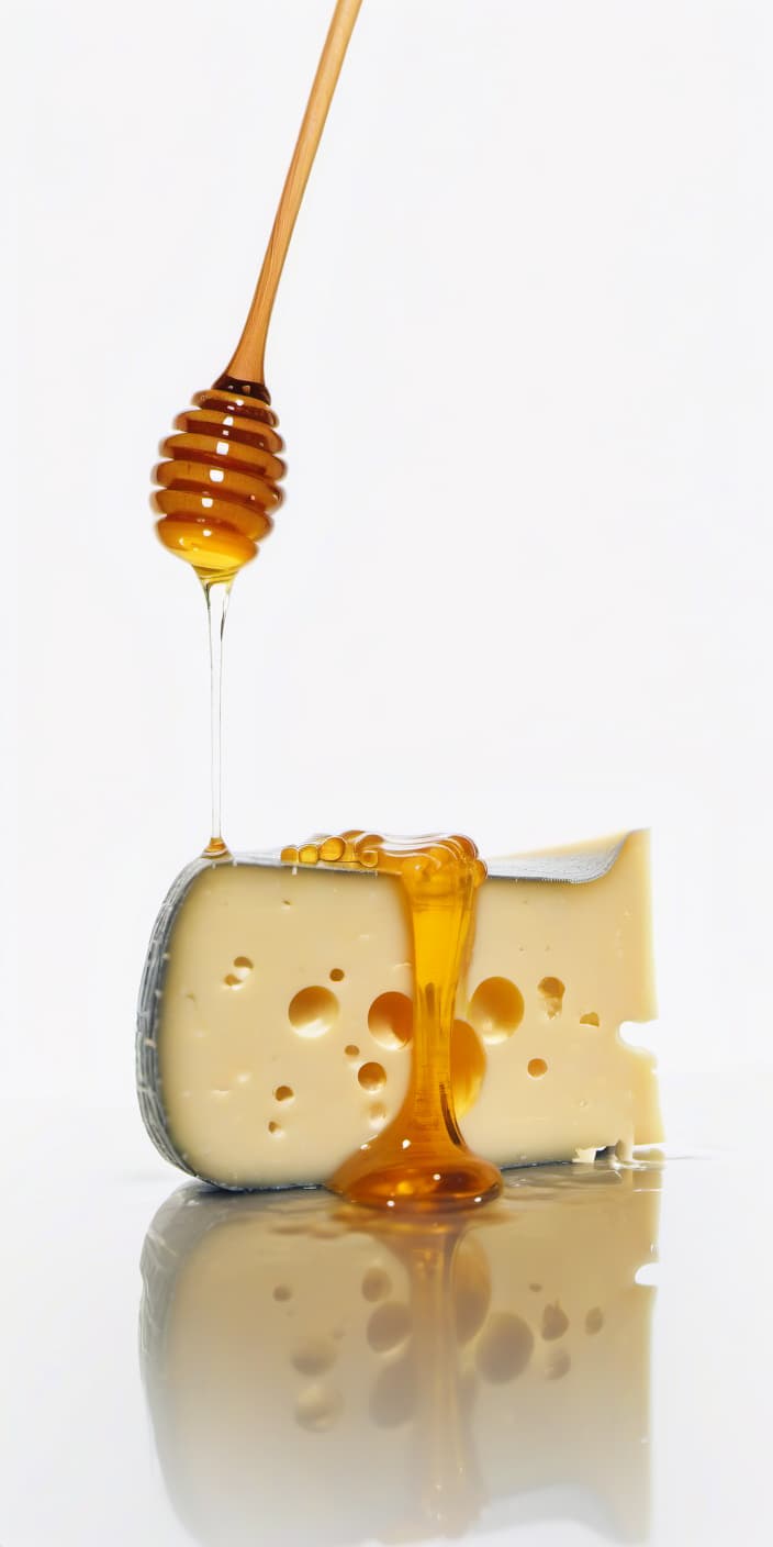  cheese watered with honey, beautiful reflection, film photography style