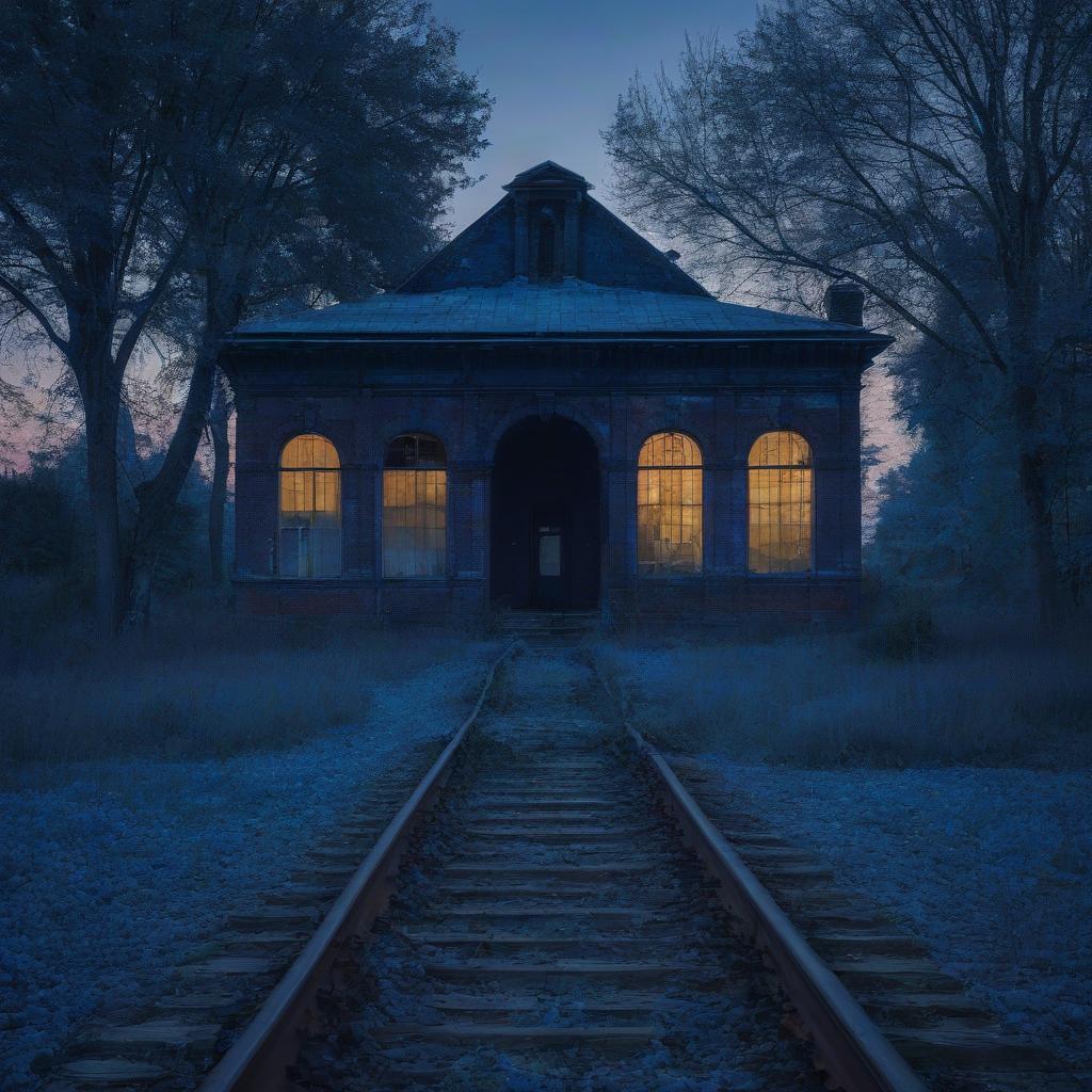  blue twilight at an abandoned old railroad station.