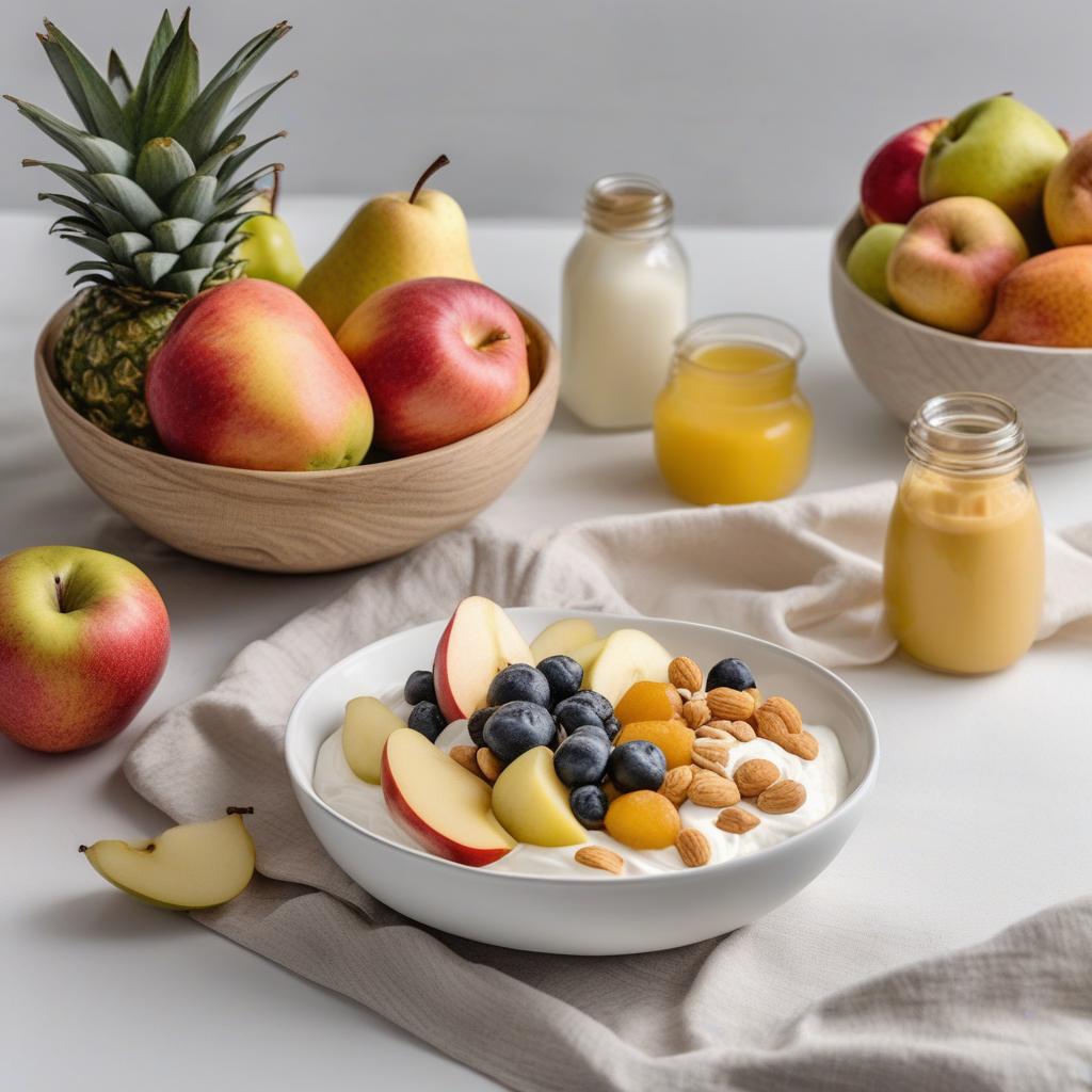  realistic close up portrait meal photo of (((Fruit bowl))), with (Yellow apple, Pear, Protein yogurt, Peanut butter), ((served in a white plate)), ((with white background)), (((Healthy Eating Plate))), (((Harvard Eating Plate))), ((food photography)), with macro lens, shallow depth of field, highly detailed, natural lighting, natural colors, photorealism, Canon EOS R3, nikon, f/1.4, ISO 200, 1/160s, 8K, RAW, unedited, in-frame hyperrealistic, full body, detailed clothing, highly detailed, cinematic lighting, stunningly beautiful, intricate, sharp focus, f/1. 8, 85mm, (centered image composition), (professionally color graded), ((bright soft diffused light)), volumetric fog, trending on instagram, trending on tumblr, HDR 4K, 8K