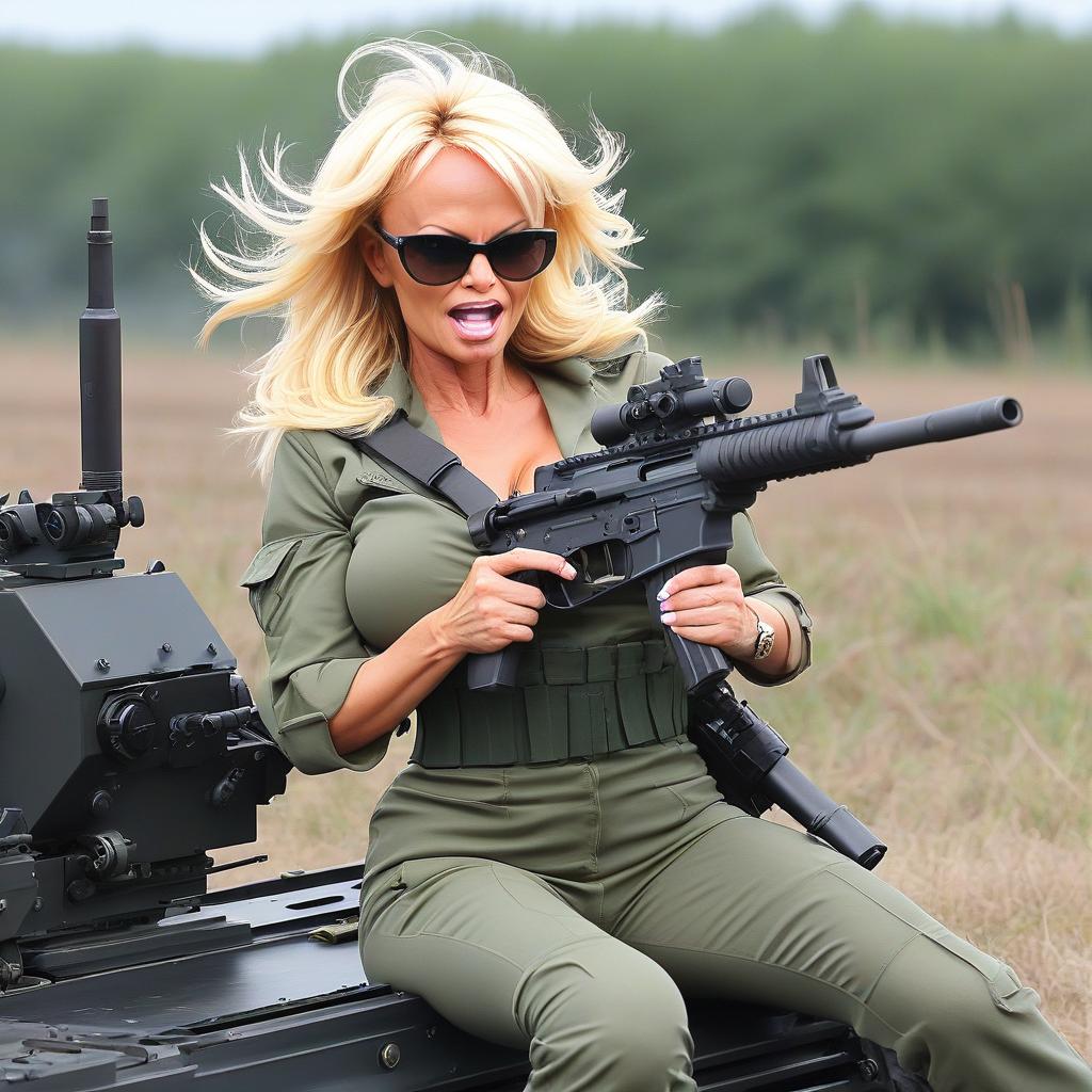  pamela anderson fires a machine gun during the war in ukraine