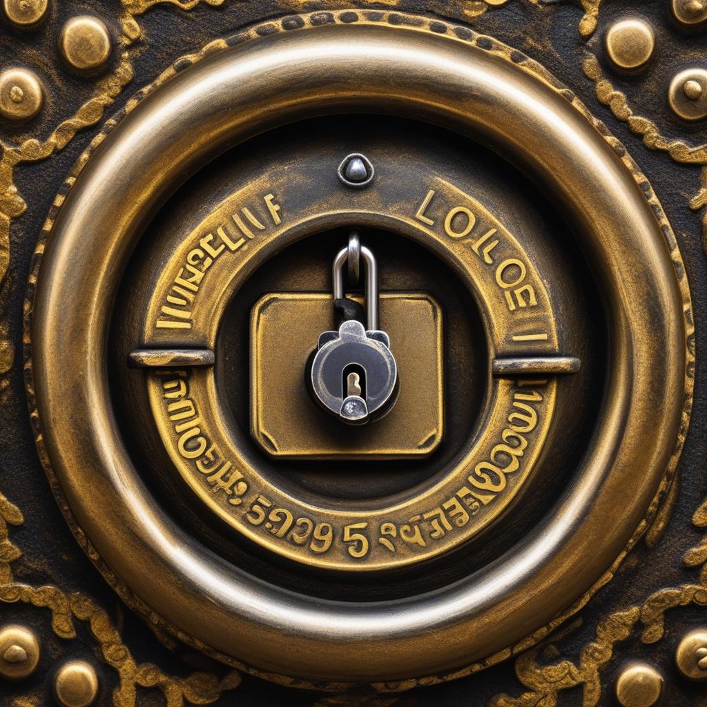  masterpiece, best quality, A close-up photograph of a combination manual safe lock, showcasing intricate details and textures. The environment is a dimly lit room with shadows casting over the lock, adding an element of mystery. The mood is suspenseful, hinting at secrets waiting to be uncovered. The style is high-resolution photography, capturing every minute detail of the lock. The lighting is dramatic, with soft, ambient light highlighting the edges of the lock. Realized using a DSLR camera with macro lens and low aperture settings.