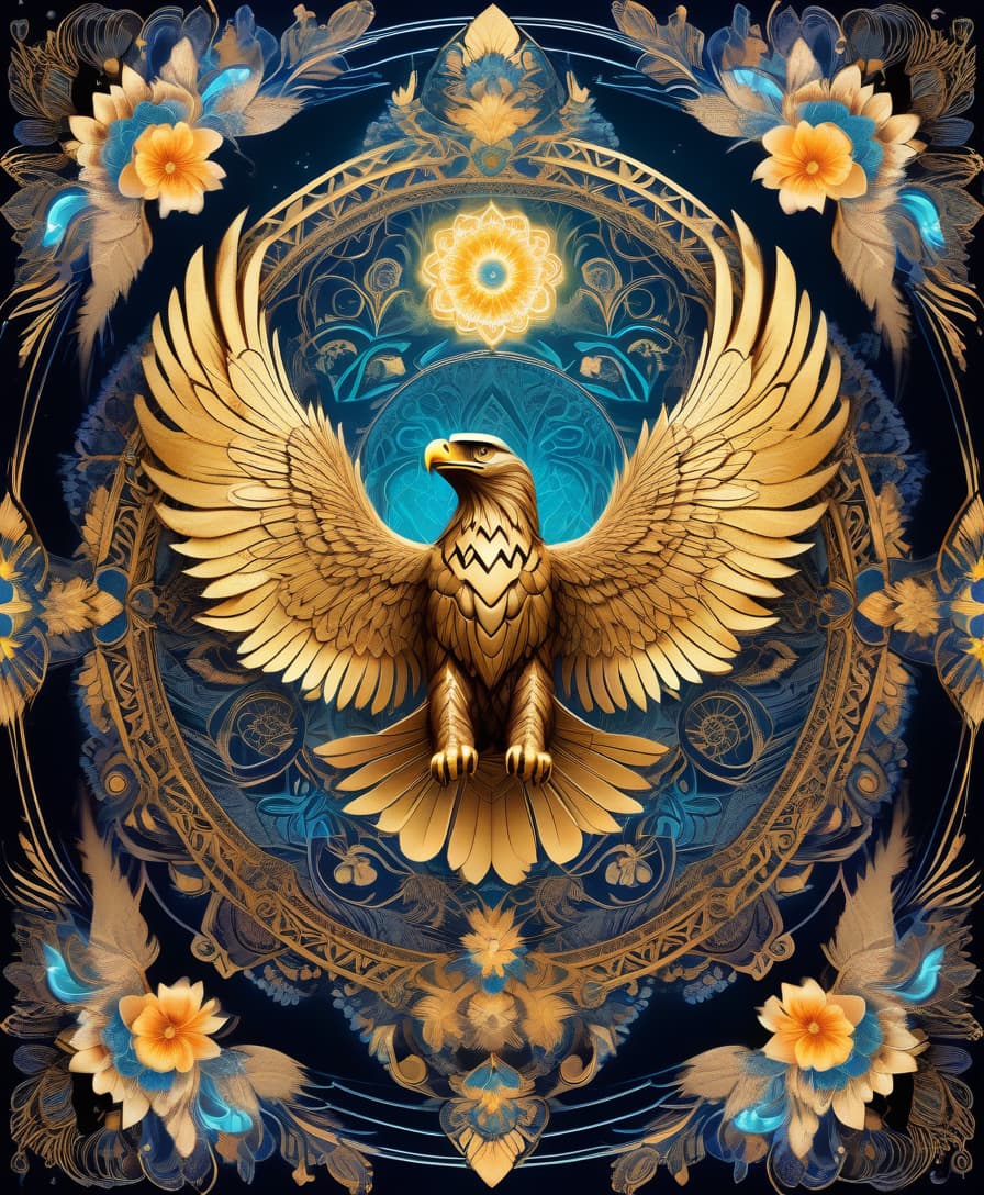  art deco style masterpiece, hdr 8k, digital image. conceptual art. (a bird of prey, the golden eagle, soars in the sky, spreading its wings, stalking prey), appearing in ancient russian ethnic ornaments that make up a symmetrical mandala consisting of an endless forest, a wide flowing river and majestic mountains, the mandala is decorated with a fantastic ice pattern). abstract elements: stones, tree leaves, flowers. the effect of dissolving the natural shades of fur in sky waves. filigree finishes, mysterious neon glowing accents, intricate. stylization. neo rococo style. stylish, dynamic, atmospheric. background dissolving abstract patterns in the space:: vignetting:: complex ethnic ornament. mystery, fantasy surrealism. high detail. hi