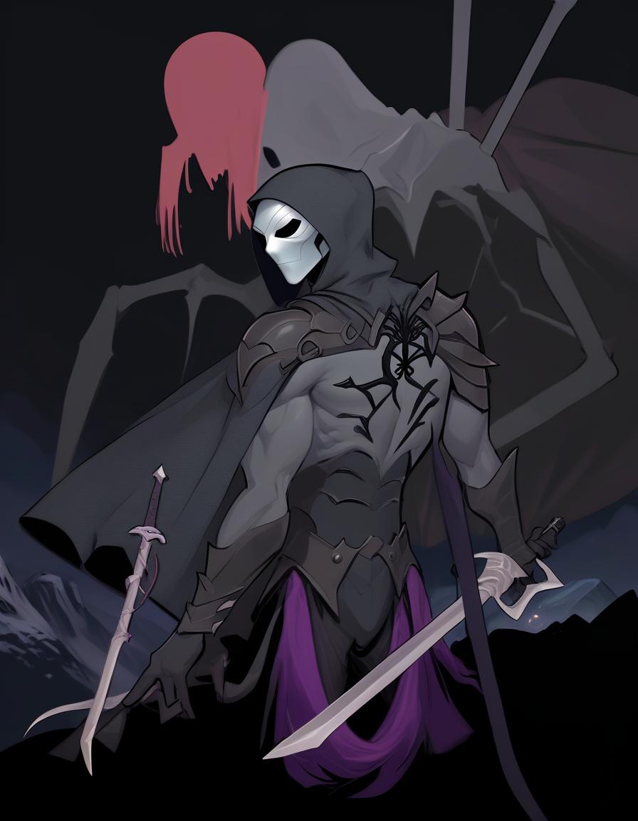  dnd, warrior man, stands, 2 hook swords, drow, masked in heavy drow armor, magic, behind him rests the spider girl, a magical tnm landscape against the background