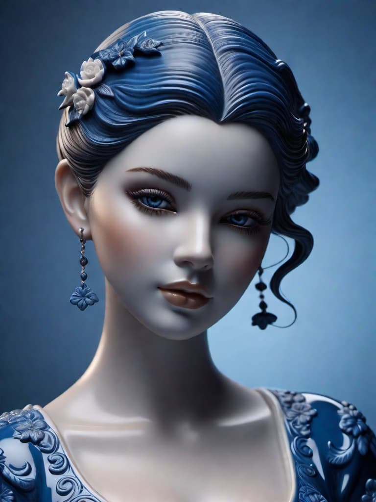  Close-up porcelain female figurine, looking to the camera, glossy surface, glaze, shiny, blue floral tattoos on her, dark gradient background, baroque dark style, hyperrealistic, CG society, intricate details