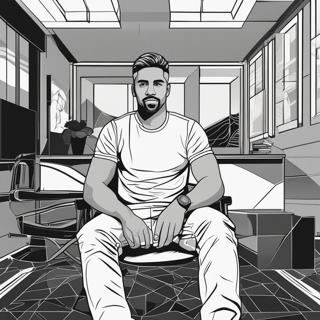  masterpiece, best quality, Create a 3D picture where a man in a black shirt ,sits casually on a Chair. Wearing sneakers, he looks ahead. The background features “Mudasir” in big and capital white fonts on the black wall. There should not be his shadow, and he is sitting in his office and in his cabin looking handsome .