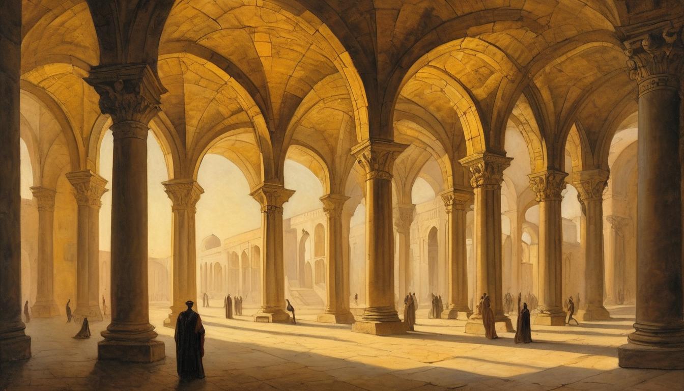  on parchment, surrealism++, majestic hall with grand arches, filled with warm golden light, shadowy figures left behind, recognition, prestige, enlightenment(mysterious, provocative, symbolic)++