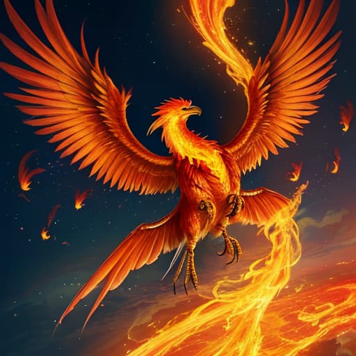  I want a phoenix with his wings spread open with flames in its eyes and around its wings ，